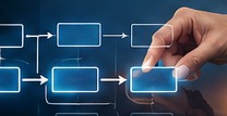 A hand connecting boxes in a conceptual decision-making diagram.