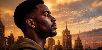A Black man looking thoughtfully toward the horizon above a city.