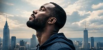 A Black man looking upward toward an open sky.